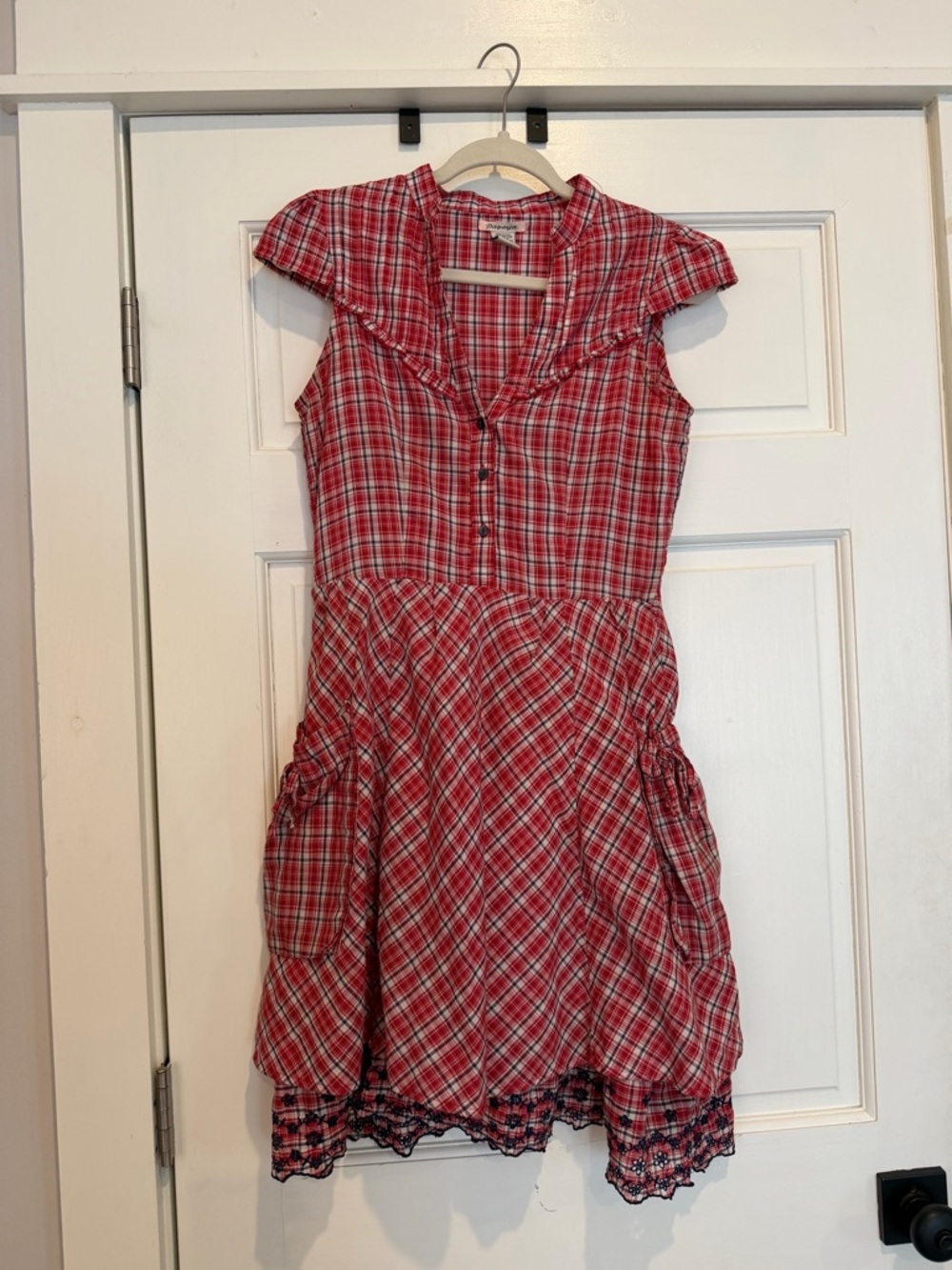 Vintage Y2K Papaya Red Plaid Dress with Ruffle Eyelet Hem Pockets Western